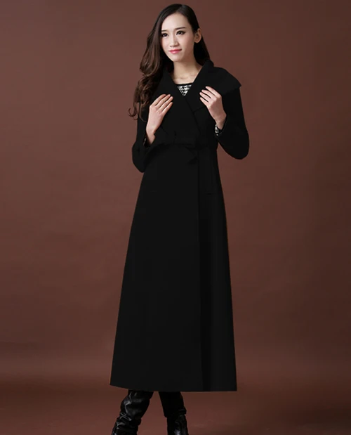 Осень-зима Для женщин супер длинный ремень твердые тонкие кашемировые пальто женские элегантные шерстяные пальто, женская верхняя одежда, S-XXXL D023 - Цвет: black