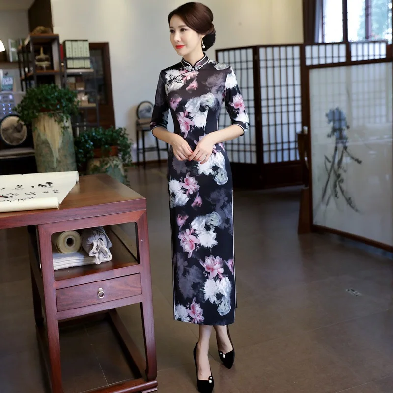 Весенне-осеннее длинное платье Qipao с коротким рукавом, повседневное банкетное платье для женщин, Элегантное Шелковое традиционное китайское платье, Vestidos