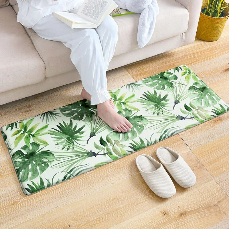 

Spring Summer Bamboo Chrysanthemum Leaves Flannel Doormat & Rugs Green Plants Kitchen Bathroom Non-slip Mats Living Room Carpet