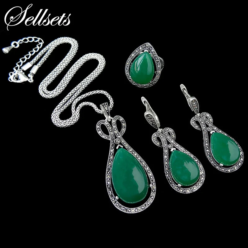 

HENSEN Fashion Jewellery Set Newest Green Water Drop Design Antique Silver Plated Vintage Jewelry Sets