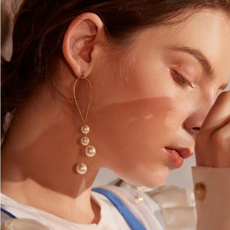 Fashion Imitation Pearl Earrings Women Personality Long Alloy Dangles Multilayer Resin Beads Drop Jewelry Accessories | Украшения и
