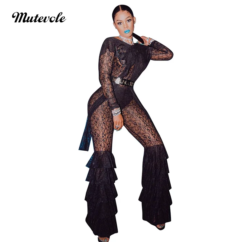 

Mutevole See Through Mesh Lace Jumpsuit Women Open Back Sexy Party Jumpsuit Romper Bodycon Long Sleeve Lace Ruffle Jumpsuit