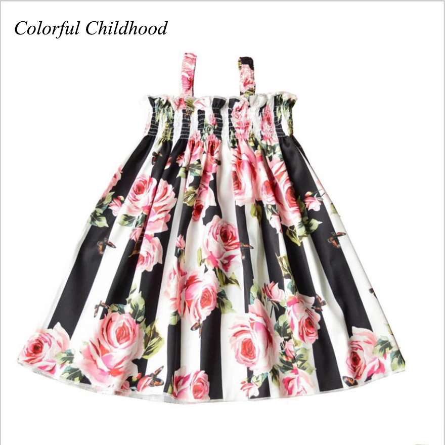 

Adorable little girls dress black white stripe flower design strap dress princess party wedding costume toddler baby vestidos