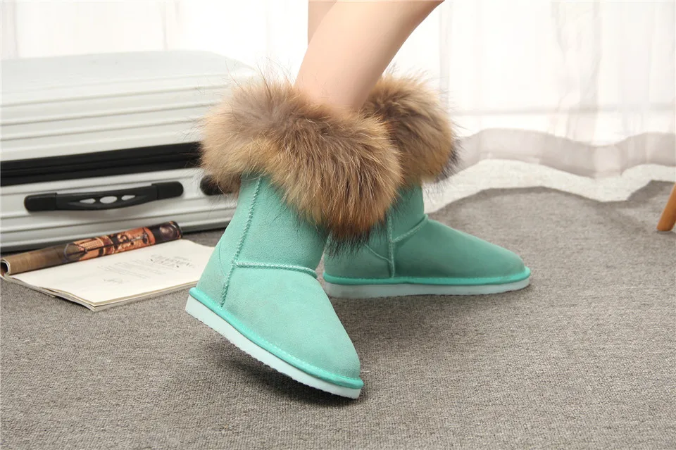 MBR FORCE Fashion Women's Natural Real fox Fur Snow Boots Genuine Cow Leather women Boots Female Warm Winter Boots Shoes