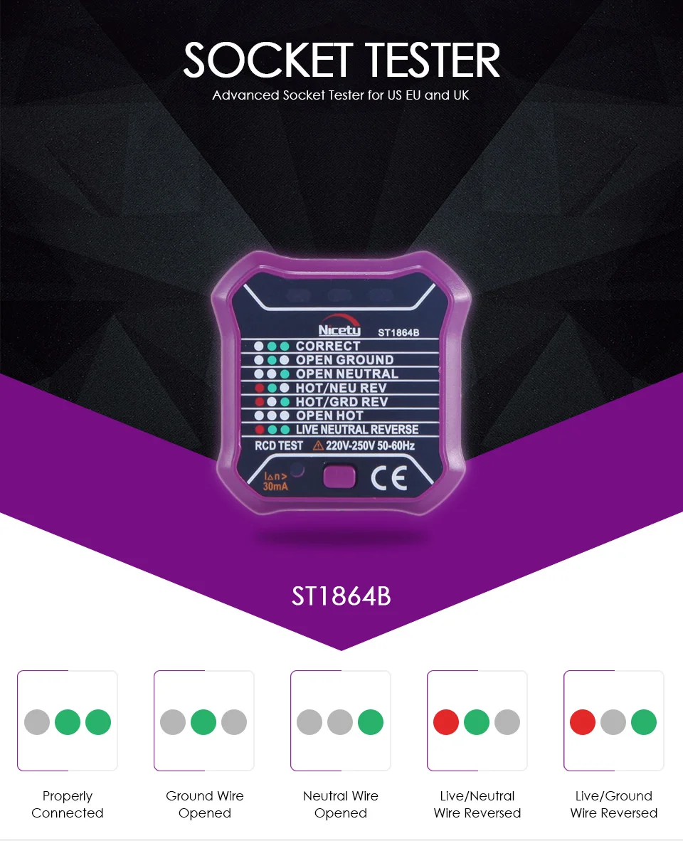 Nicetymeter ST1846B разъем тестовые ers напряжение тестовое гнездо детектор ЕС вилка заземление Zero линия вилка полярность фазовый выключатель проверка