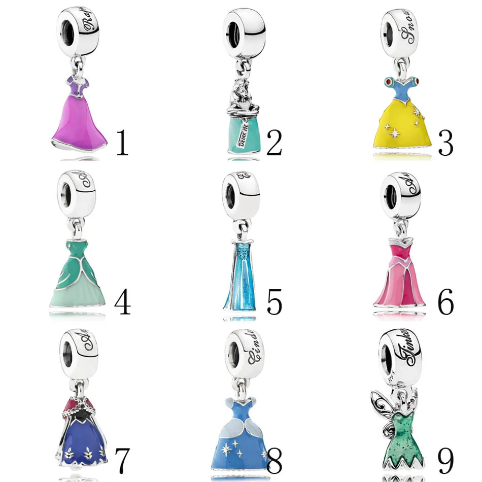 

925 Silver Beads Princess Dress Fit Original Bracelet Rapunzel Anna Snow White Cinderella Alice Ariel's Dress Dangle DIY Jewelry