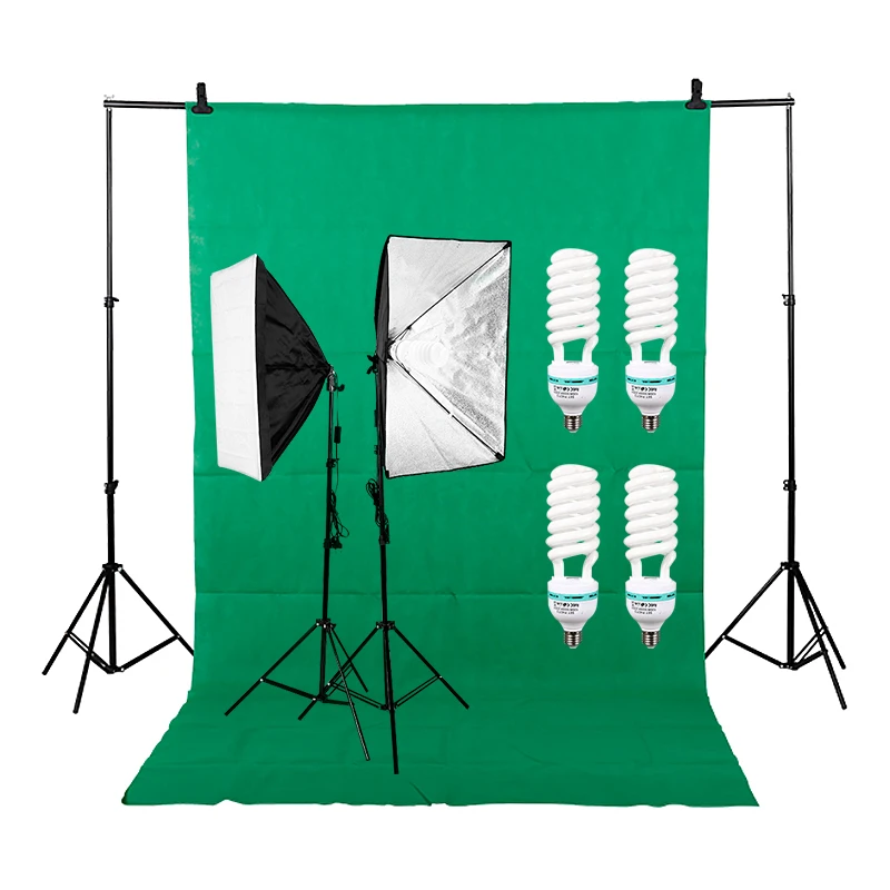 

2 pcs single Socket softbox with 4 pcs 135w bulbs photographic equipment Set With 2m*2m background and 1.6*3m non-woven backdrop