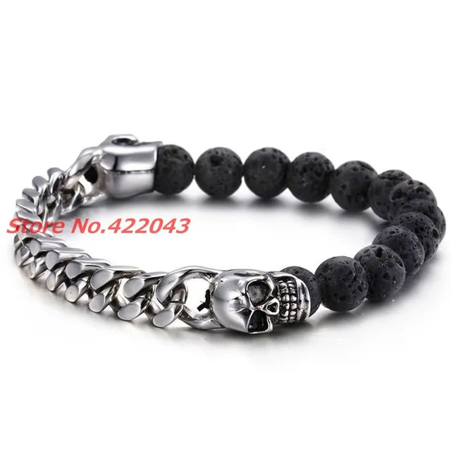 New Design Black Beads Skull Bracelet For Womens Mens Lava Stone New Design Black Beads Skull Bracelet For Womens Mens Lava Stone Men S Silver Cuban Curb