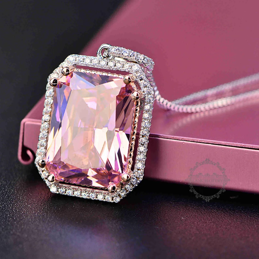 18inches Silver Pink Rectangle Large CZ Love Pave Setting Cubic Zirconia Women Luxury Elegant Fashion Wedding Necklace 6330033