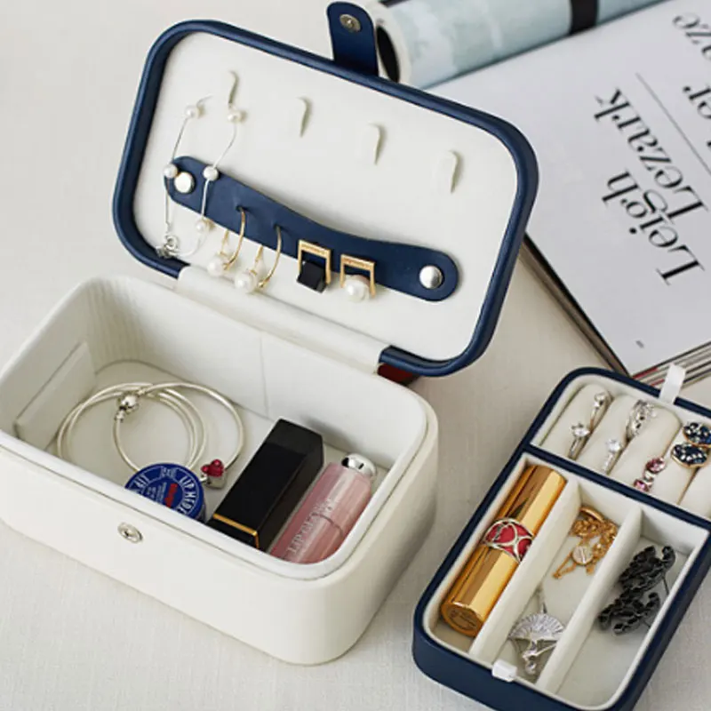 

2Layer Leather Travel Jewelry Box Display Storage Case Holder For Earring Ring Necklace With Magnetic Snap Closure