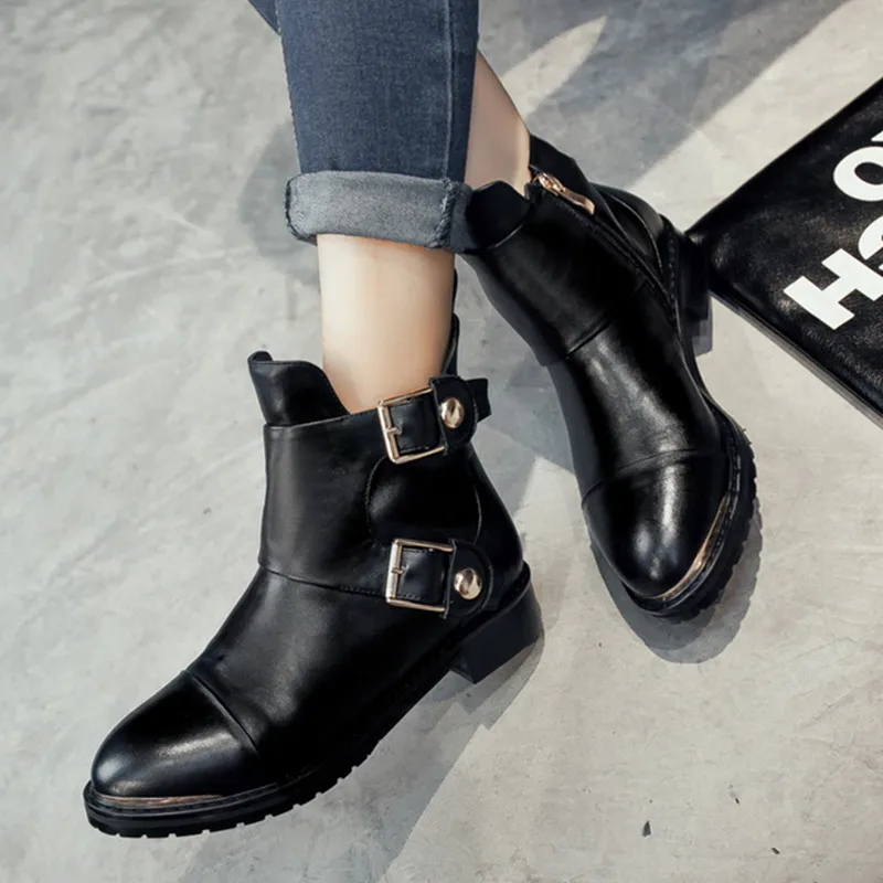 2017 Women brand Motorcycle Boots Genuine Leather Winter New Shoes For Ladies European famous designers Buckle Booties Shoes