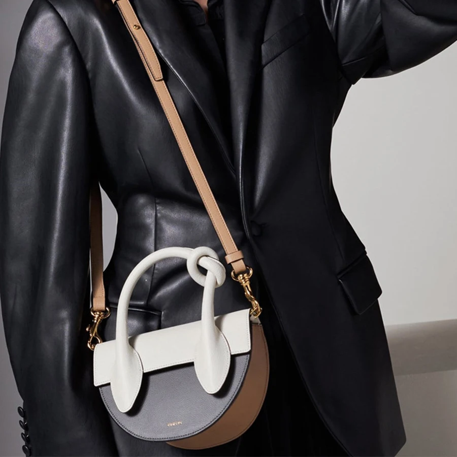 

Fashion Panelled Pu Leather Shoulder Messenger Bag For Women Portable Semi-circle Handbags Female Cute Mini Shoulder Bags New