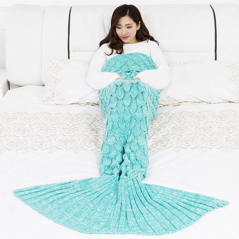 ISINOTEX, мягкое вязаное одеяло «хвост русалки», спальный мешок ручной работы для детей и взрослых, лучший подарок на день рождения и Рождество - Цвет: Light blue