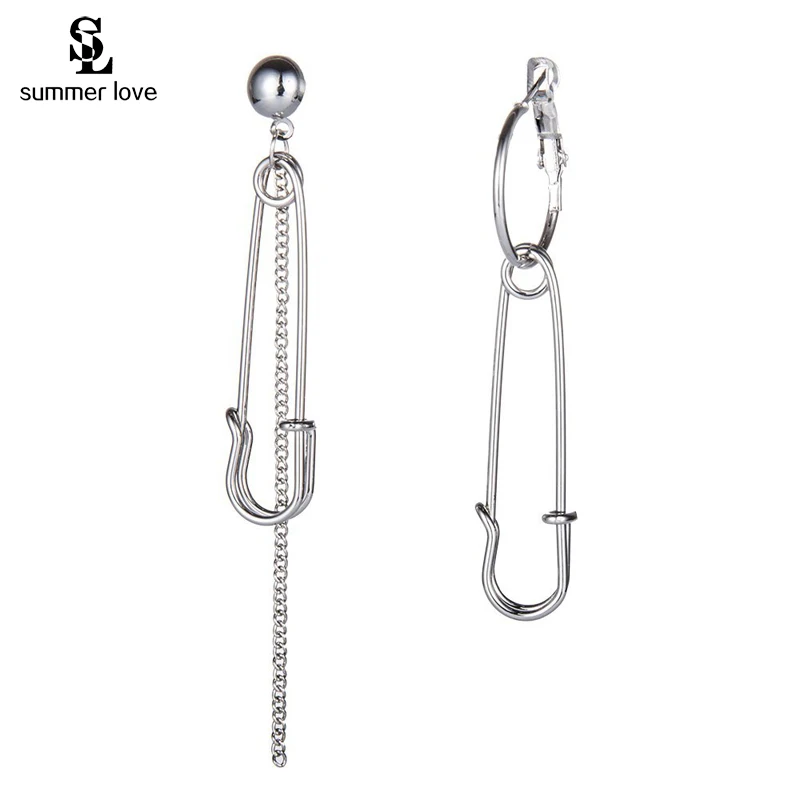 

2019 New Fashion Tassel Asymmetric Pin Chain BTS Earring Korean Exaggerate Safety Pin Earrings For Women Men Punk Dangle Jewelry