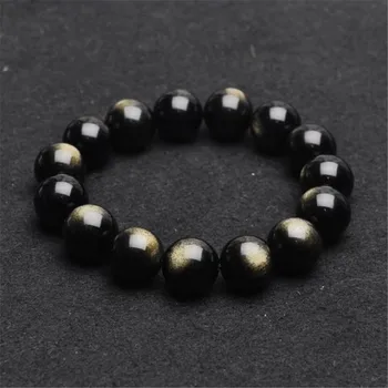 

Wholesale 14mm Genuine Natural Gold Obsidian Round Beads Bracelets For Women Powerful Lucky Stretch Charm Men Bracelet
