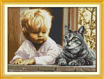 

The boy and cat counted printed on fabric DMC 14CT 11CT Cross Stitch kitsembroidery needlework Sets Home Decor