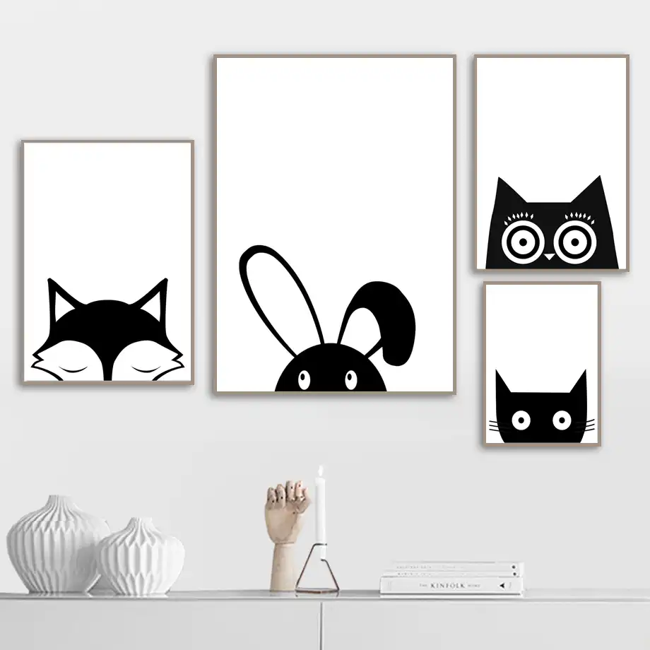 Cuadro Sobre Lienzo Para Pared De Gohipang Con Dibujo De Conejo Blanco Y Negro Buho Gato Zorro Carteles Nordicos E Impresiones En Pared Para Habitacion De Ninos Pintura Y Caligrafia Aliexpress