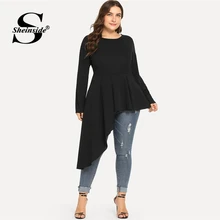 Sheinside размера плюс черный асимметричный подол одноцветная блузка женская рубашка с длинным рукавом Осень офисные женские топы элегантные блузки