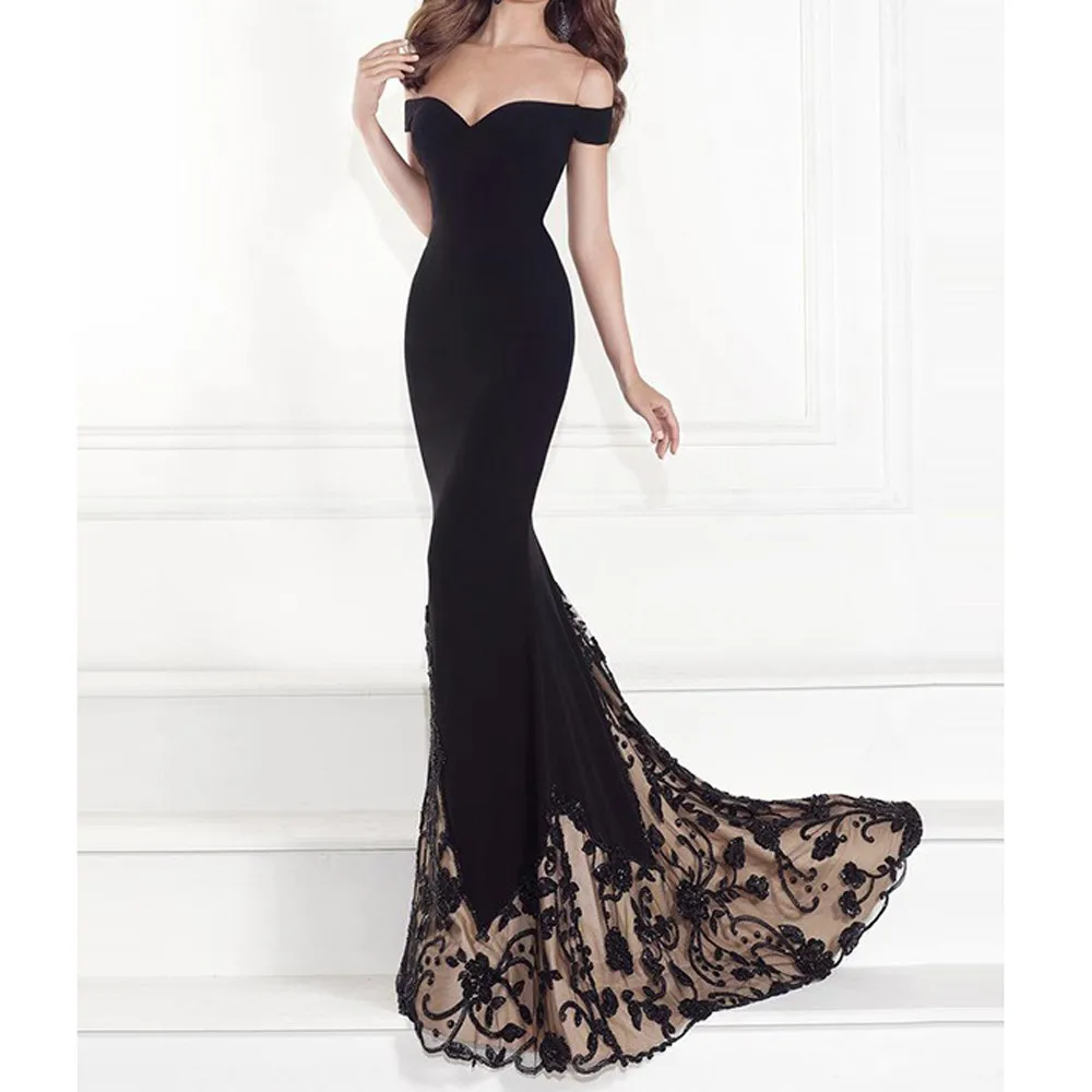 

Women 2019 Summer Dress Sexy Slash neck Short Sleeve Party Dinner Elegant Evening Floor-Length Dress Jan29