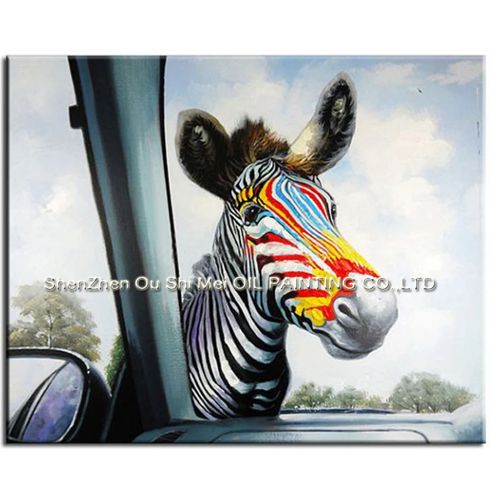 

Home Decor Funny Animals Wall Art Handmade Oil Painting on Canvas Zebra in Front the Car Landscape Painting for Living Room