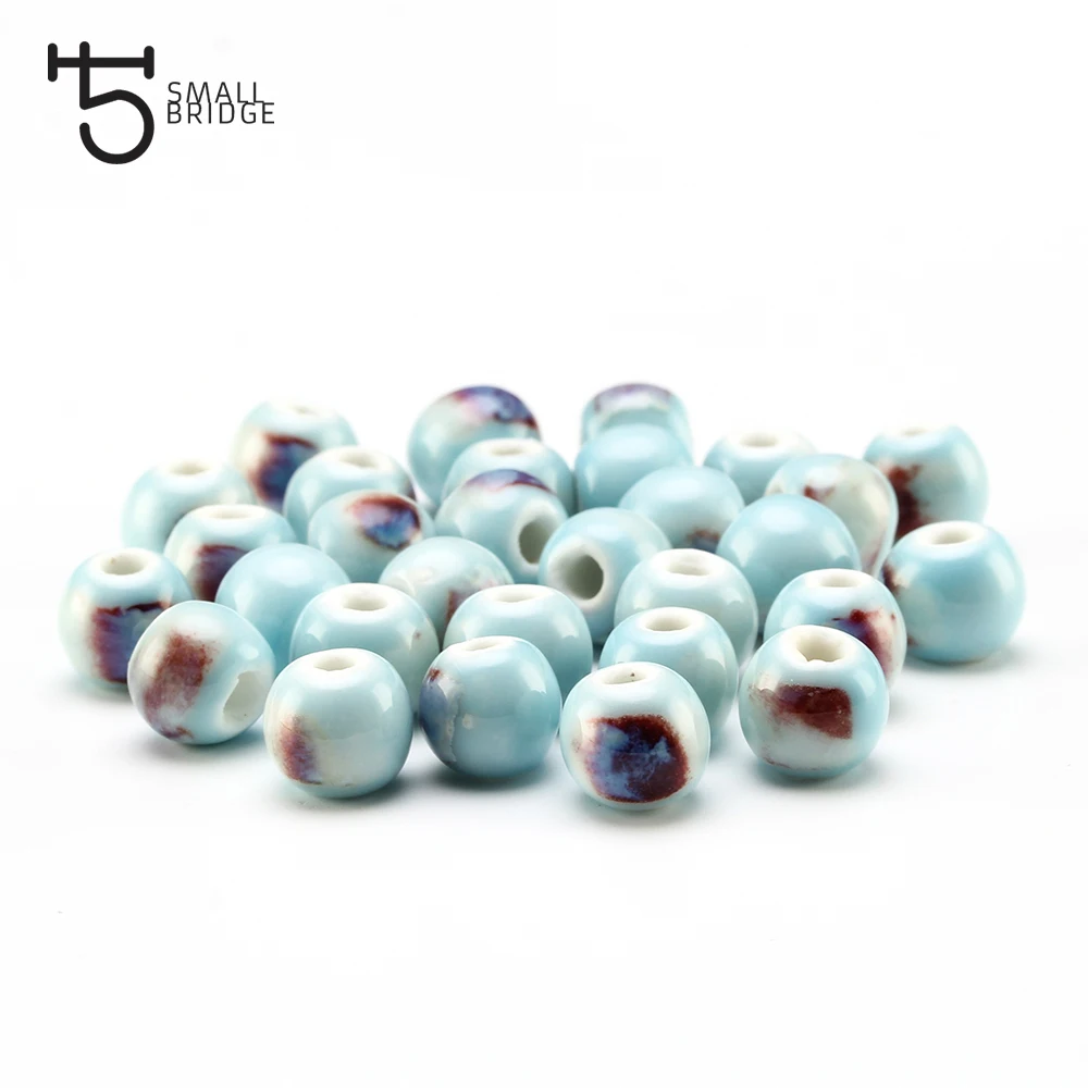 

6 8 10mm Blue Round Chinese Ceramic Beads Handmade Bracelet DIY Accessories Kiln Change Big Hole Porcelain Beads Wholesale T701