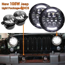 105W 7″inch LED Headlamp Assembly with Hi/Lo Beam White DRL and Amber Turn Signal+2x 4″inch Fog Light for JEEP Wrangler JK LJ CJ