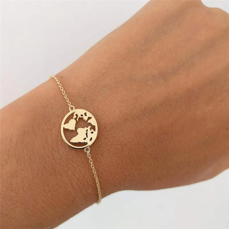 yiustar Gold World Map Stainless Steel Bracelets For Women Wave Bracelets Pendant Beach Jewelry Earth Map Christmas Gifts - Окраска металла: bracelet gold