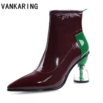 

women's elastic sock boots pointed toe mixed color leather ankle boots strange style high heels shoes woman female autumn boots