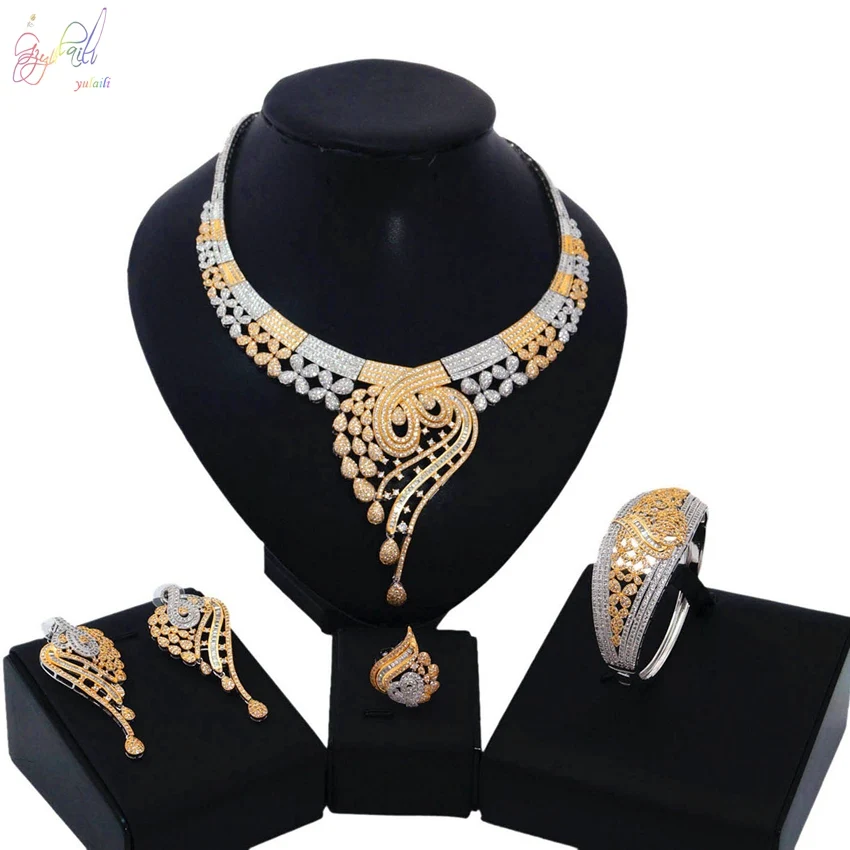 

YULAILI Top Quality Flower Design Cubic Zirconia Jewelry Set Dazzling Two Tone Color Jewelry for Wedding Engagement
