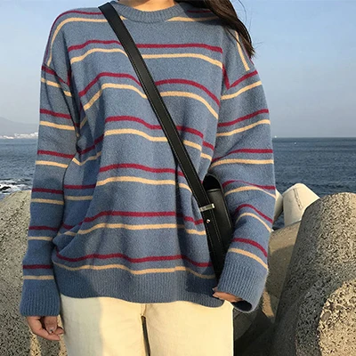 DICLOUD повседневные женские пуловеры зимние свободные свитера женские топы в полоску Женская винтажная одежда Harajuku свитер с круглым вырезом - Цвет: Blue