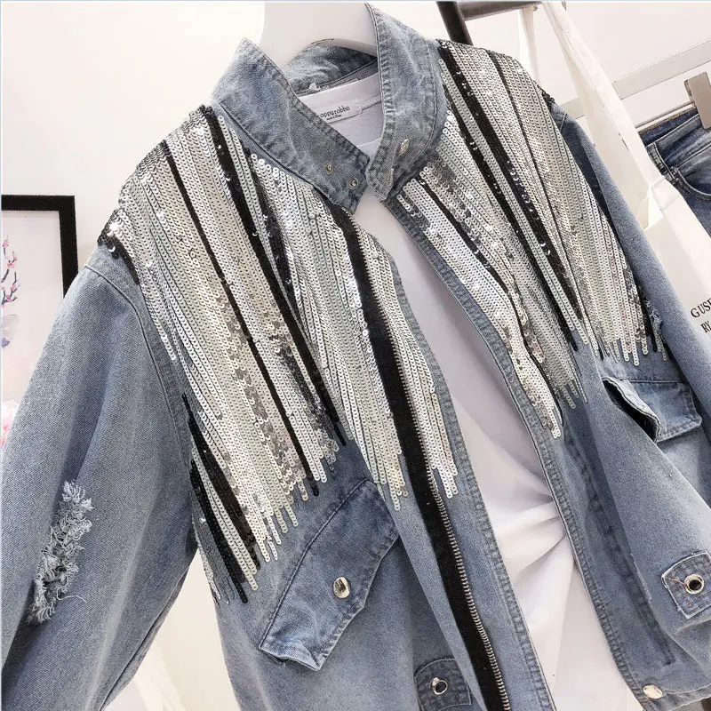 2022 Sequins Splice Bomber Denim Jacket 