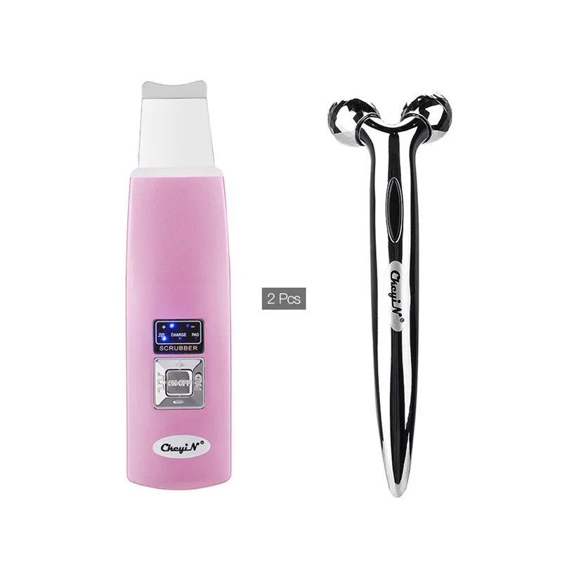 

Ultrasonic Vibration Facial Deep Cleansing Skin Scrubber Cleanser Skin Peeling Extractor Rejuvenation + Manual 3D Facial Roller