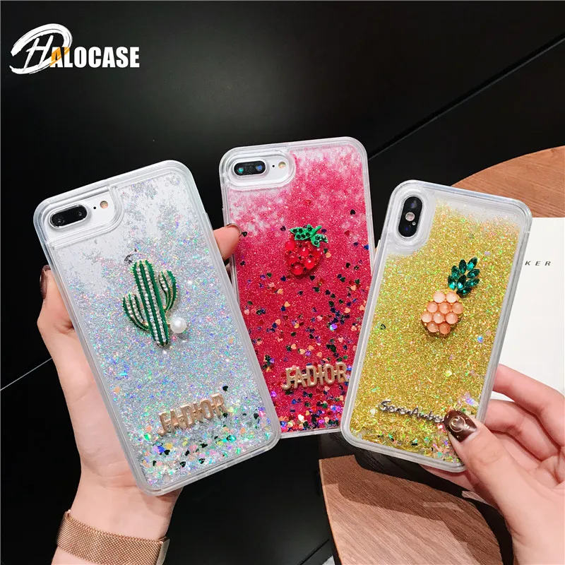 

HALOCASE Glitter Dynamic Liquid Quicksand Phone Case for iphone 6 6s 7 8 plus Plants Fruit for iPhone X XS XR XS MAX FUNDA