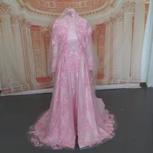 Oumeiya OMY280 Real Photos full long sleeve high neck with hijab lace applique beaded vestidos de novia muslim wedding dress