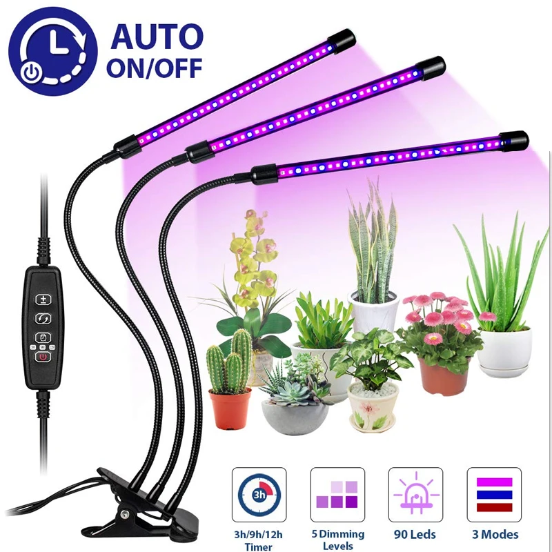 Lámpara de crecimiento lámpara de crecimiento soporte temporizador lámpara 27 w planta crecimiento Lámpara USB enchufe LED 3 cabeza para planta interior el crecimiento de la iluminación