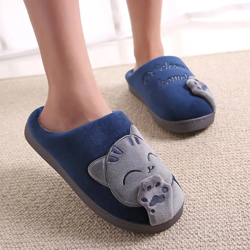 NOOLIM/зимние женские тапочки с изображением из мультфильма Lucky Cat; нескользящая домашняя обувь; мужская домашняя обувь для влюбленных пар; теплая плюшевая обувь - Цвет: Slippers Blue