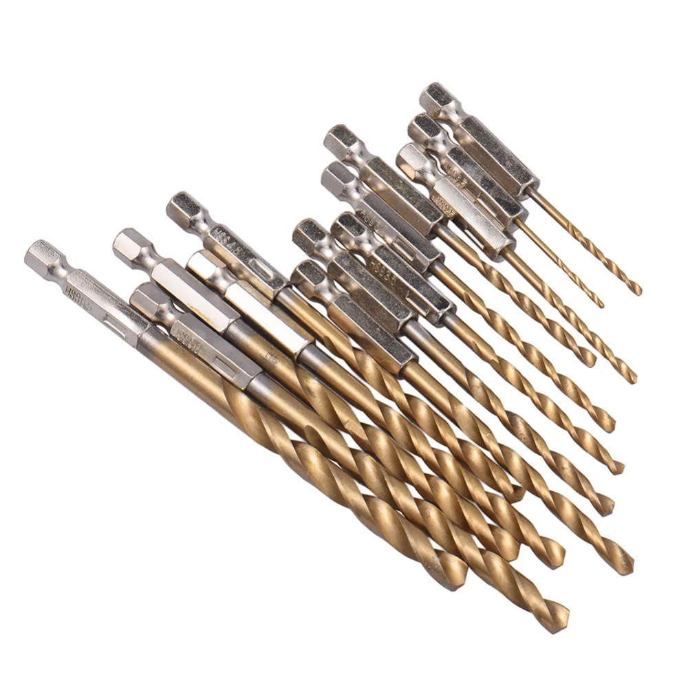 13pcs/lot HSS High Speed Steel Titanium Coated Drill Bit Set 1/4 Hex Shank 1.5-6.5mm