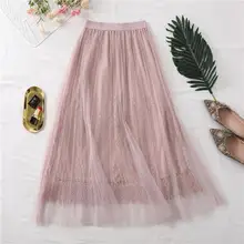 Новинка, Женская юбка, одежда, летняя тонкая Однотонная юбка с высокой талией, Женская кружевная вышивка, плюс размер, сетчатая юбка миди