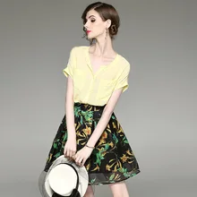 Top quality women summer 2 piece suits 2017 new brand runway fashion v-neck cotton loose shirt and print mini a-line skirts