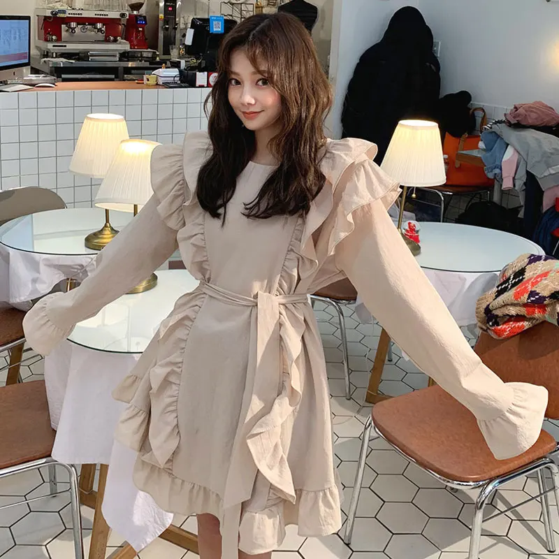 Женские платья Ins Kawaii Ulzzang Sweet платье с кружевным воротником Женская винтажная