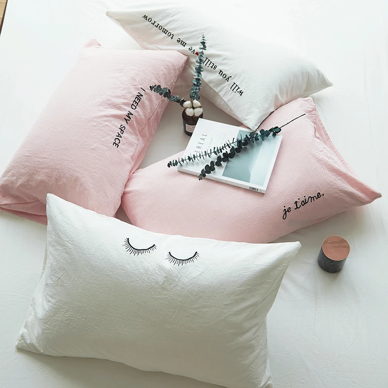 74x48cm 100 washed cotton pillow case solid white/pink pillowcase