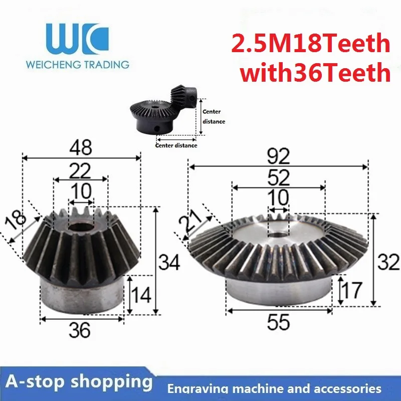 

2pcs 1:2 Bevel Gear 2.5 Modulus 18 Teeth + 36 teeth Inner Hole 10mm 90 Degree Drive Commutation Steel Gears