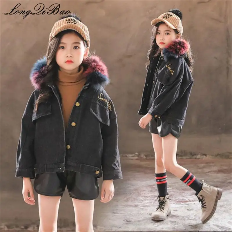 

Children's clothing girls plus velvet color fur collar denim jacket autumn and winter 2018 new thickening male baby shirt