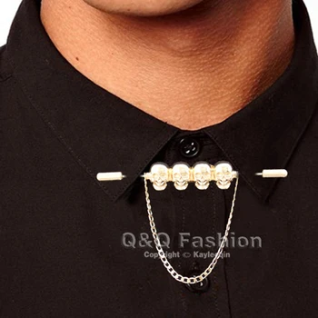 

Men Pirate Skull Chain Barbell Shirt Collar Tie Bar Brooch Pin Fancy Dress Punk Jewelry Gift Gold
