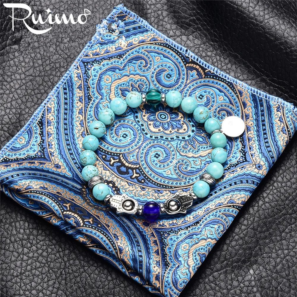 RUIMO из нержавеющей стали Фатима хамса бусины ручной работы Turquoises натуральные камни Lampwork бусины стрейч браслет для мужчин и женщин ювелирные изделия
