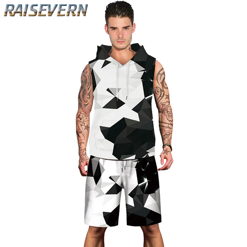 RAISEVERN Geometric Print Mens Hooded Hoodies Set Black