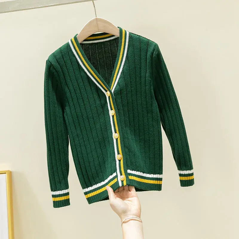 Детский кардиган для мальчиков, Детские хлопковые вязаные свитера, кардиганы с v-образным вырезом для больших девочек, осенне-зимние топы для мальчиков, одежда для студентов, От 1 до 18 лет - Цвет: Зеленый