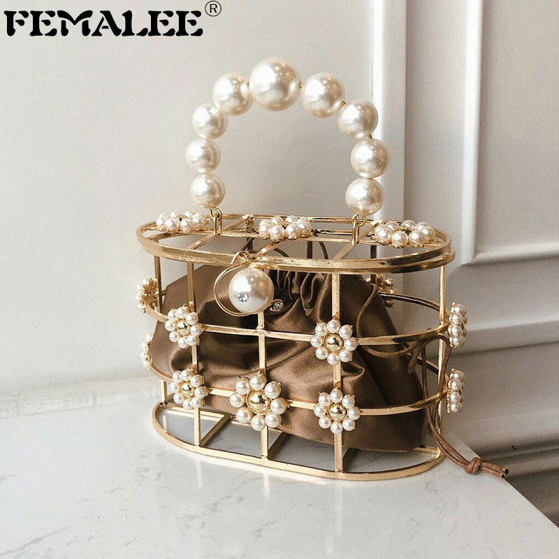 

Hollow Metal Alloy Pearl Flower Totes Crystal Birdcage Women Beading Basket Ladies Party Wedding Clutches Purses Handbags