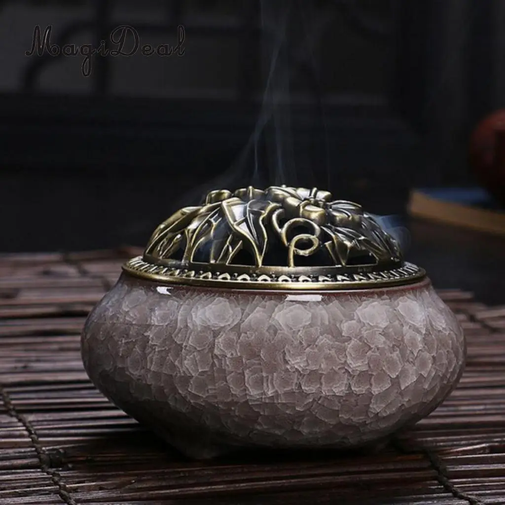 2x Cone Incense Burner with Alloy Cover Chinese Traditional Porcelain Sandalwood Censer Ceramic Incense Ash Catcher Tray Bowl