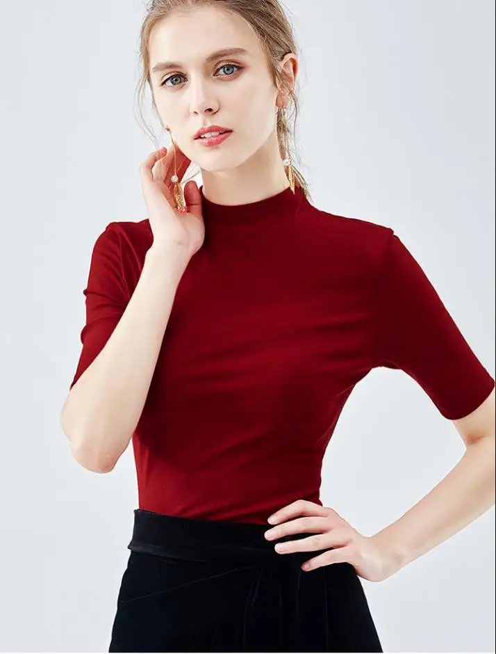 

Small round neck sleeves t-shirt autumn women's temperament small shirt five-point sleeves solid color shirt